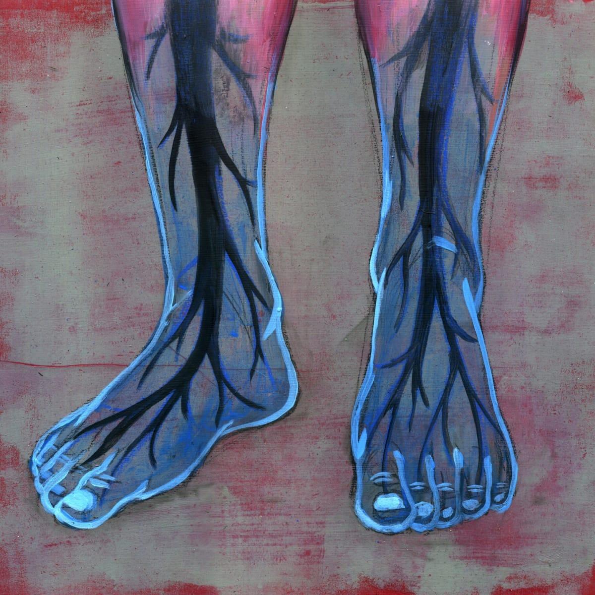 A painting of two bare feet with dark blue branching lines showing the nerves running through them