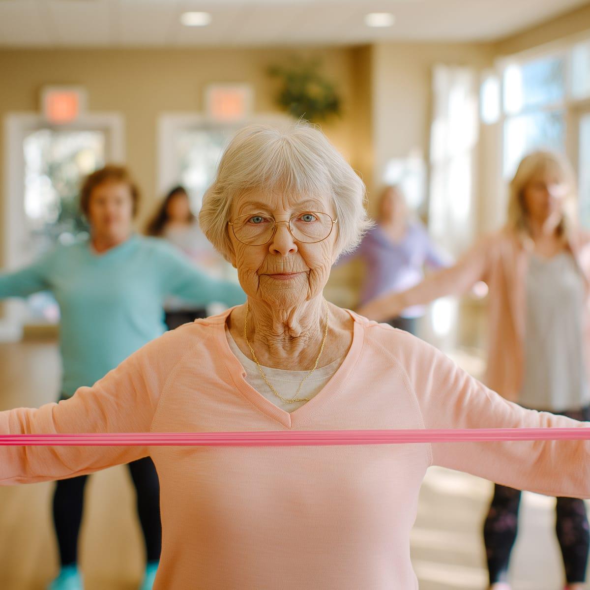 An older woman in a group fitness class stretching a pink resistance band across her chest