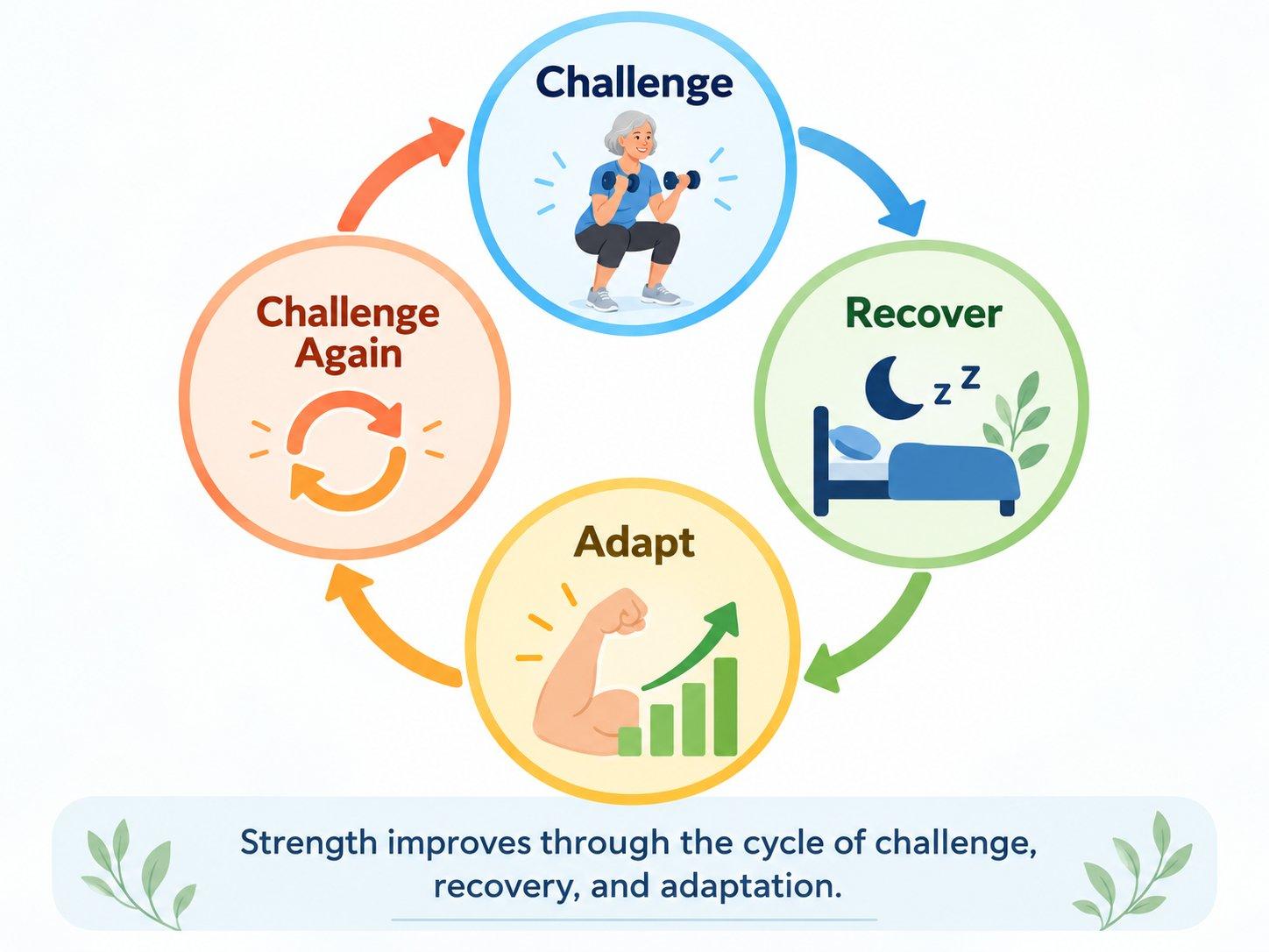 A diagram of the strength training cycle: challenge, recover, adapt, then challenge again