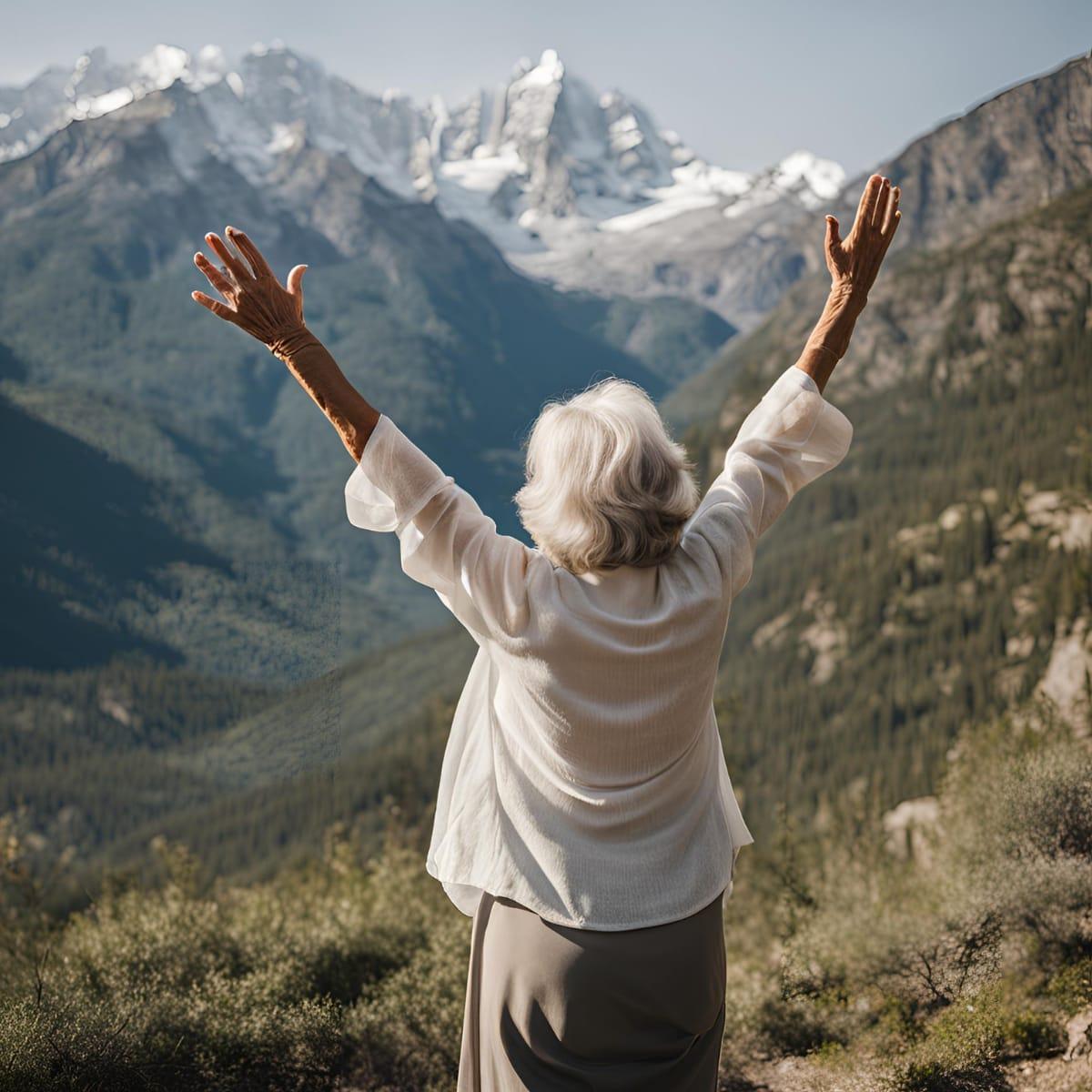 An older woman with white hair raising both arms toward snow-capped mountains