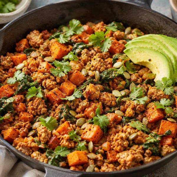 A cast-iron skillet of ground turkey and diced sweet potato with spinach, topped with cilantro, pumpkin seeds and avocado slices