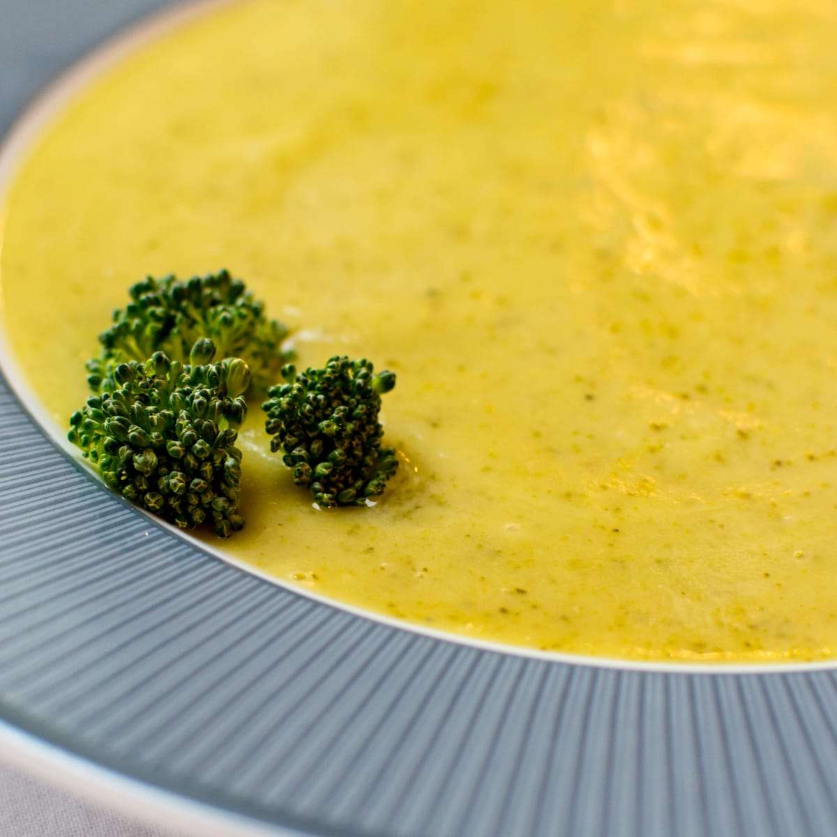 A close-up of a bowl of creamy pureed soup garnished with small broccoli florets