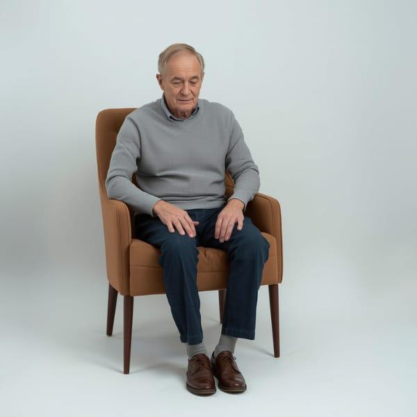 An older man sitting in an armchair with both feet flat on the floor and hands resting on his knees