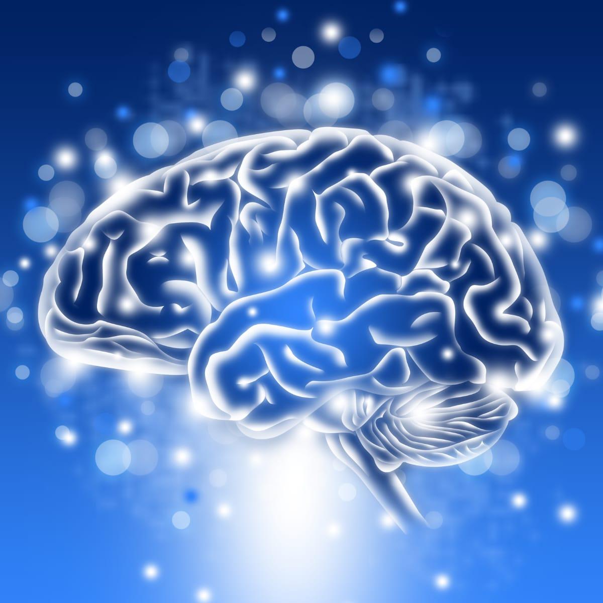 A glowing illustration of a human brain against a blue background