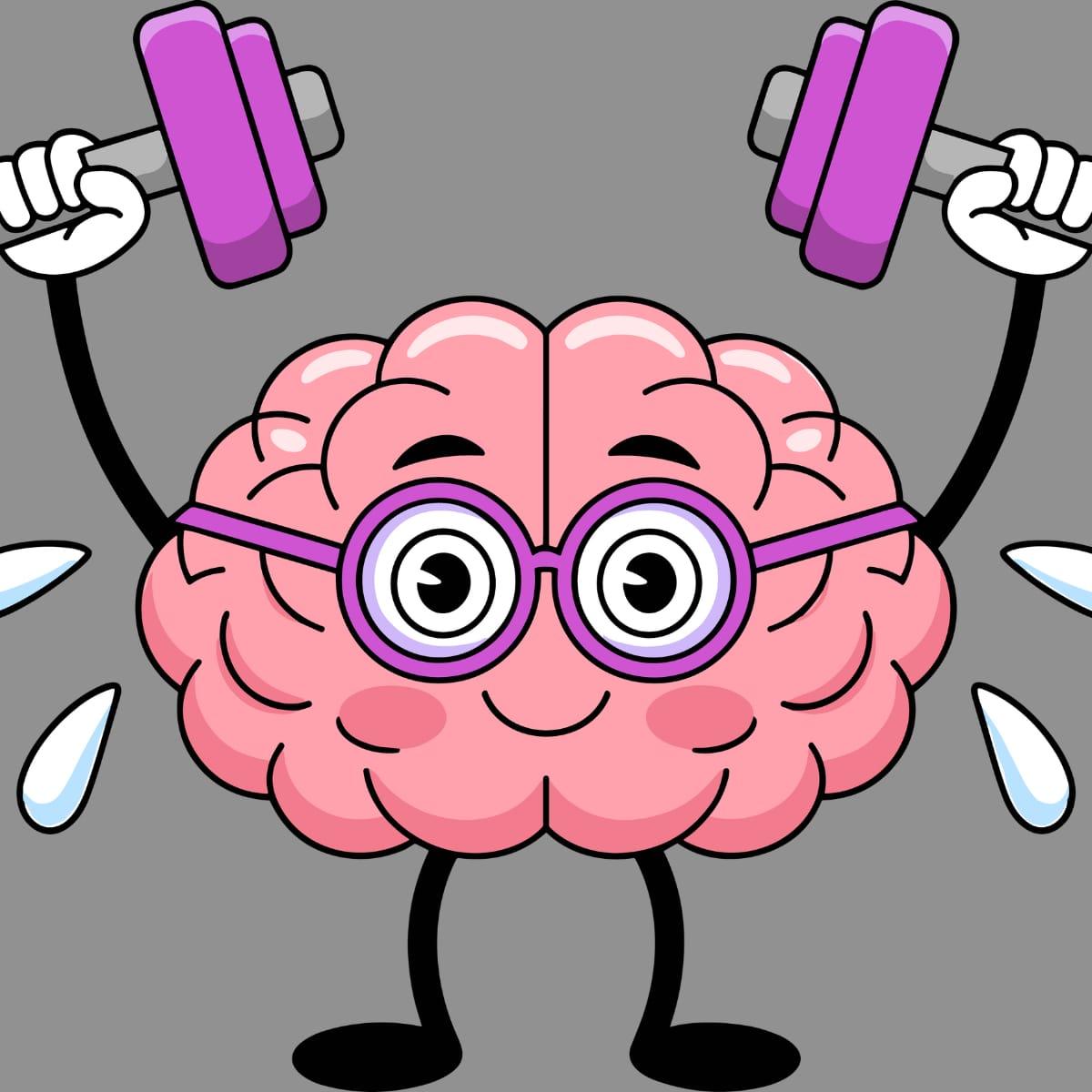 A cartoon brain wearing glasses and lifting purple dumbbells
