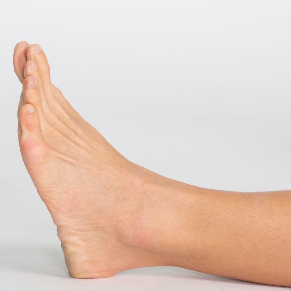 A bare foot resting on its heel with the toes pulled up toward the shin, seen from the side