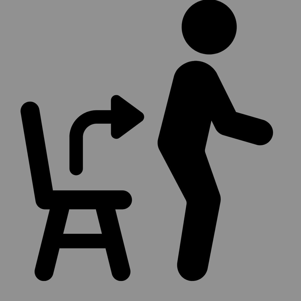 Simple icon of a figure standing up from a chair, with an arrow showing the movement