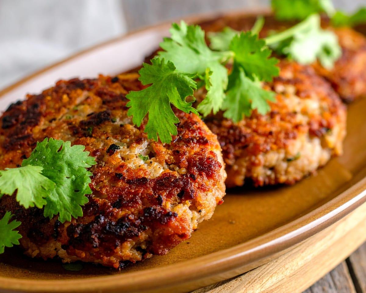 Golden pan-fried salmon cakes topped with fresh cilantro on a wooden plate