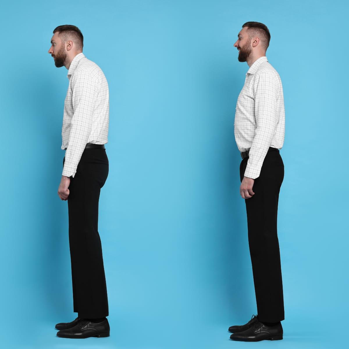 The same man shown side by side in profile, slouching with his head forward and then standing tall