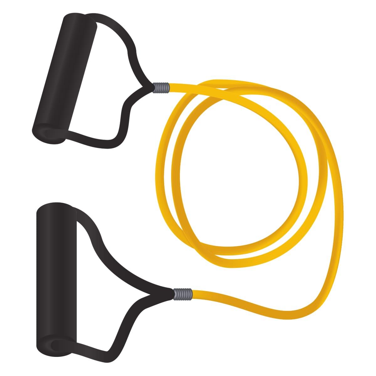 An illustration of a yellow resistance band with black handles
