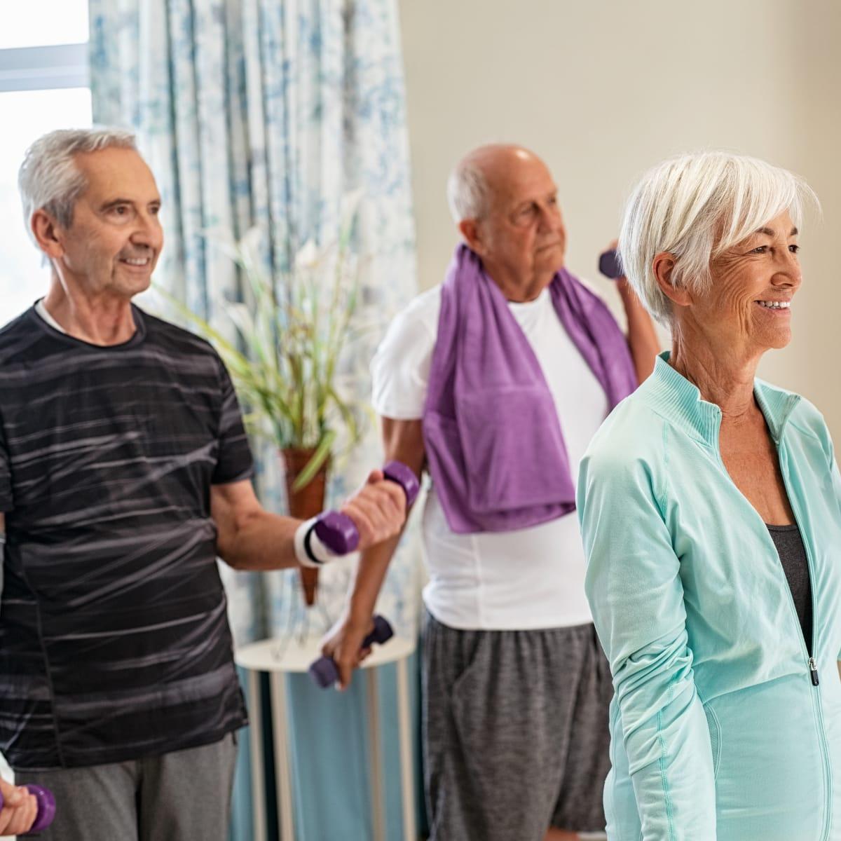 Three smiling older adults lifting light dumbbells together in a bright room