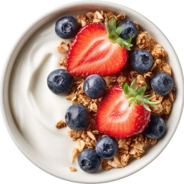 A bowl of Greek yogurt topped with halved strawberries, blueberries and granola