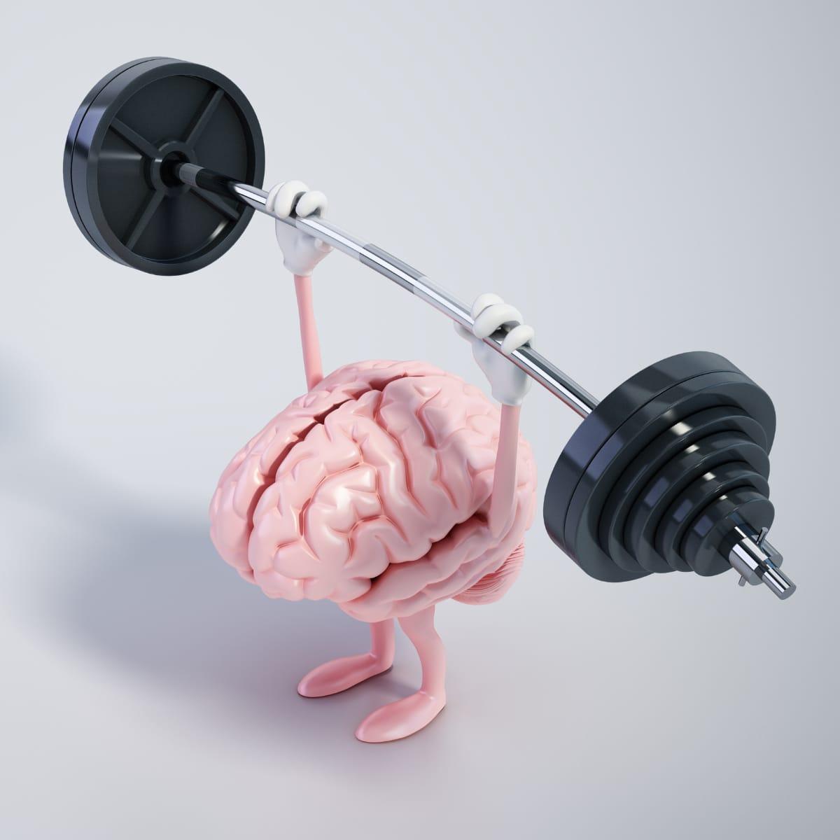 A cartoon brain with arms and legs lifting a heavy barbell overhead