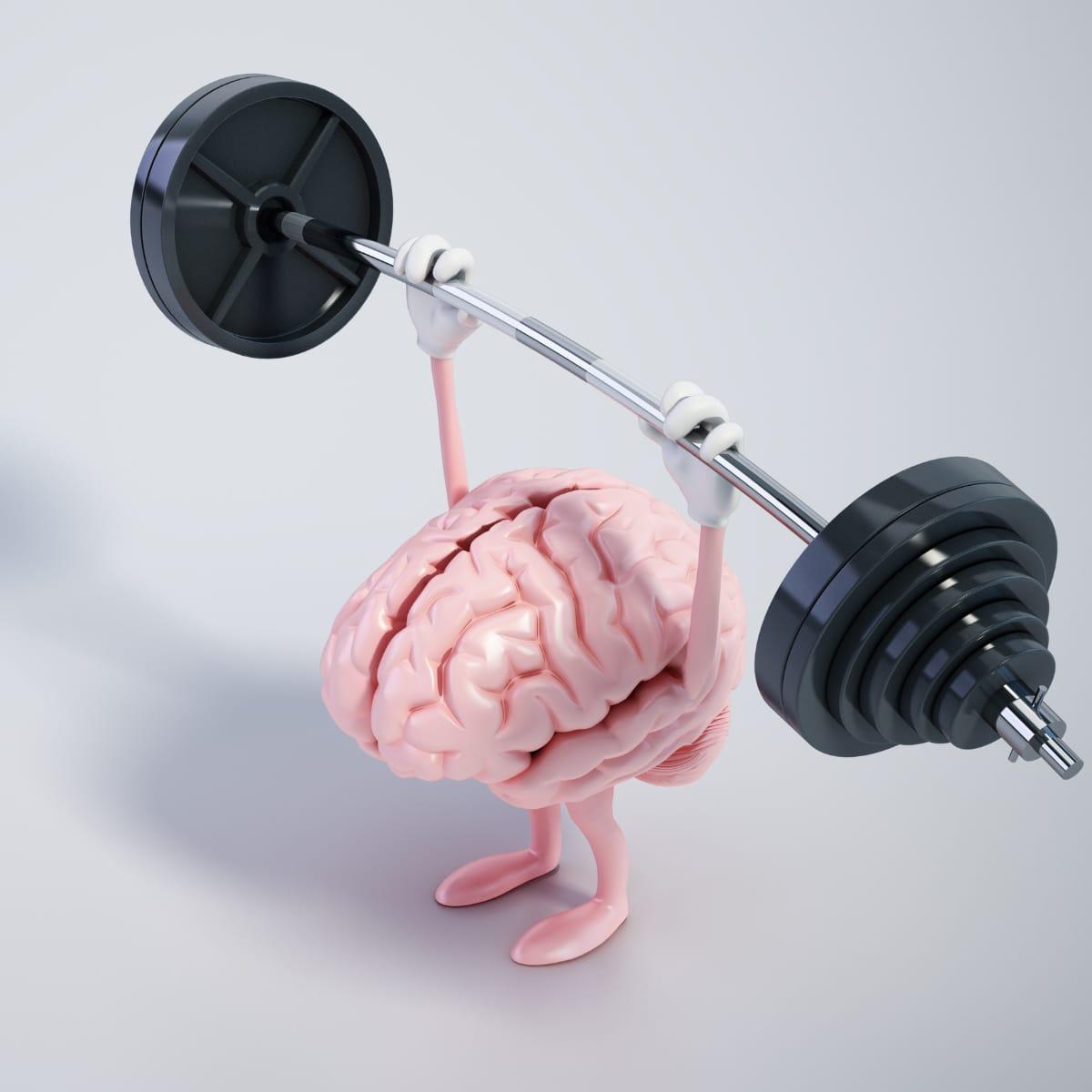 A cartoon brain with arms and legs lifting a heavy barbell overhead
