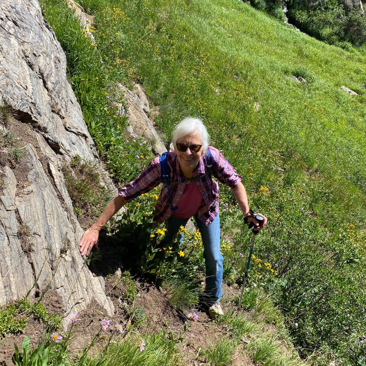 Julie climbing a steep, grassy mountain slope with hiking poles