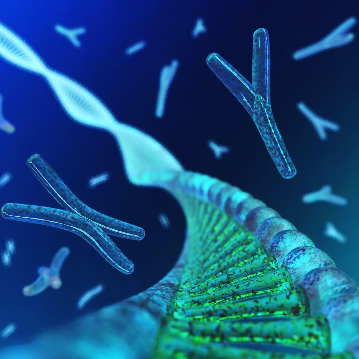 A 3D illustration of chromosomes floating beside a glowing DNA double helix