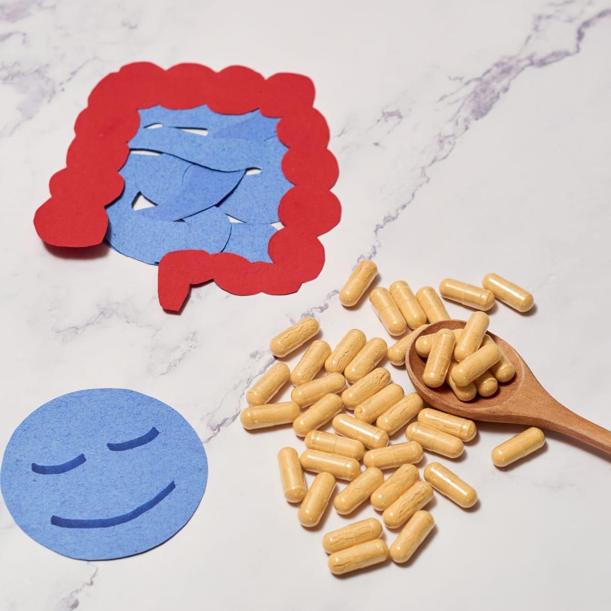 Probiotic capsules spilling from a wooden spoon next to a paper cutout of the intestines and a smiling face