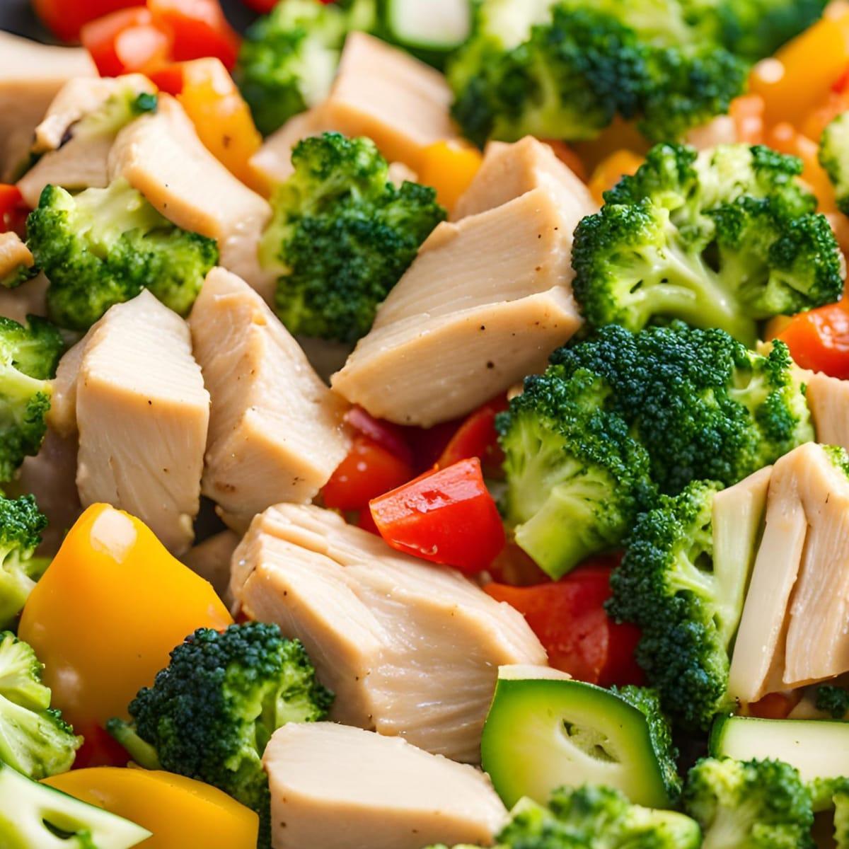 Close-up of sliced chicken with broccoli florets, zucchini and red and yellow bell peppers