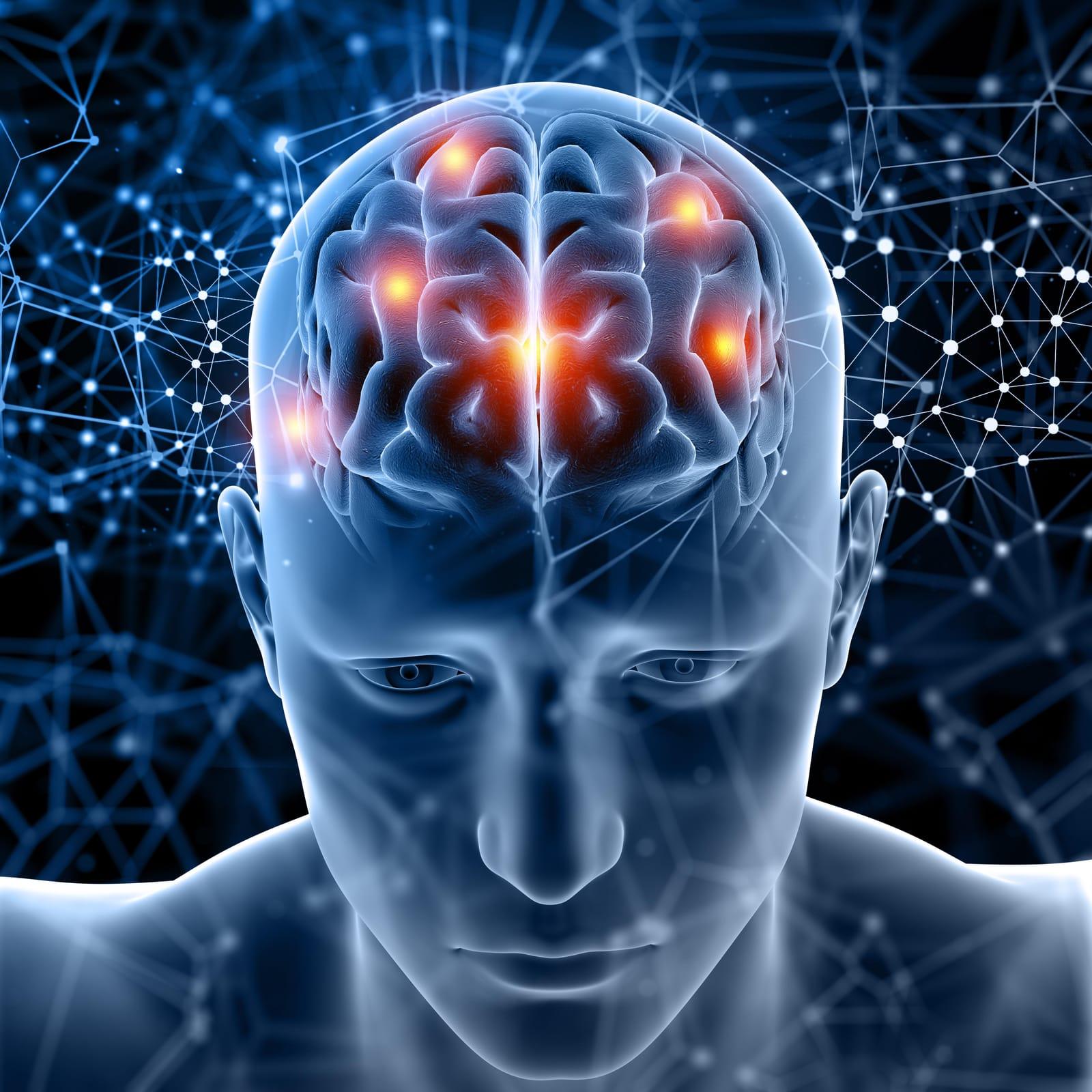 A 3D illustration of a human head with glowing points of activity in the brain against a network background