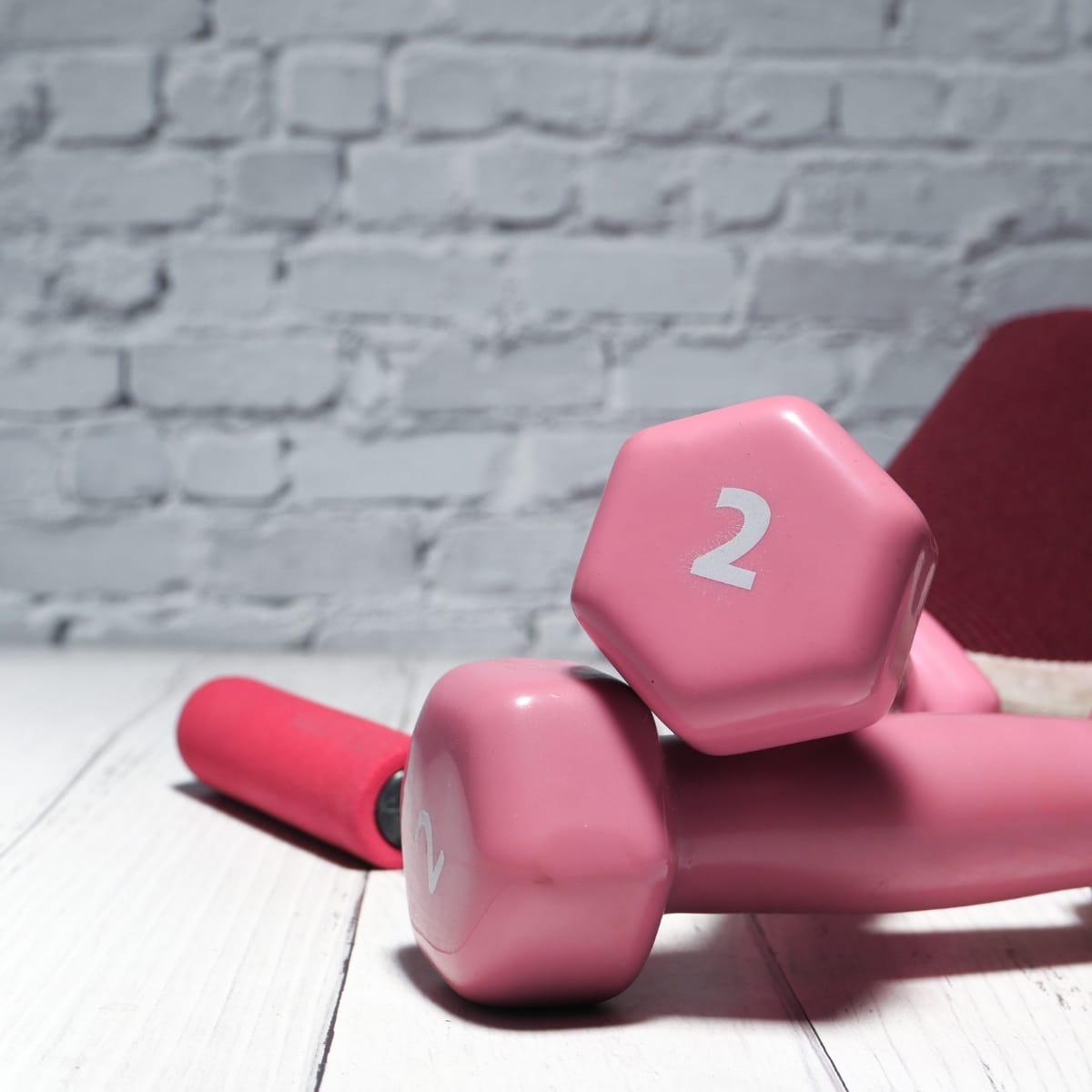 A pair of pink 2-pound dumbbells resting on an exercise mat