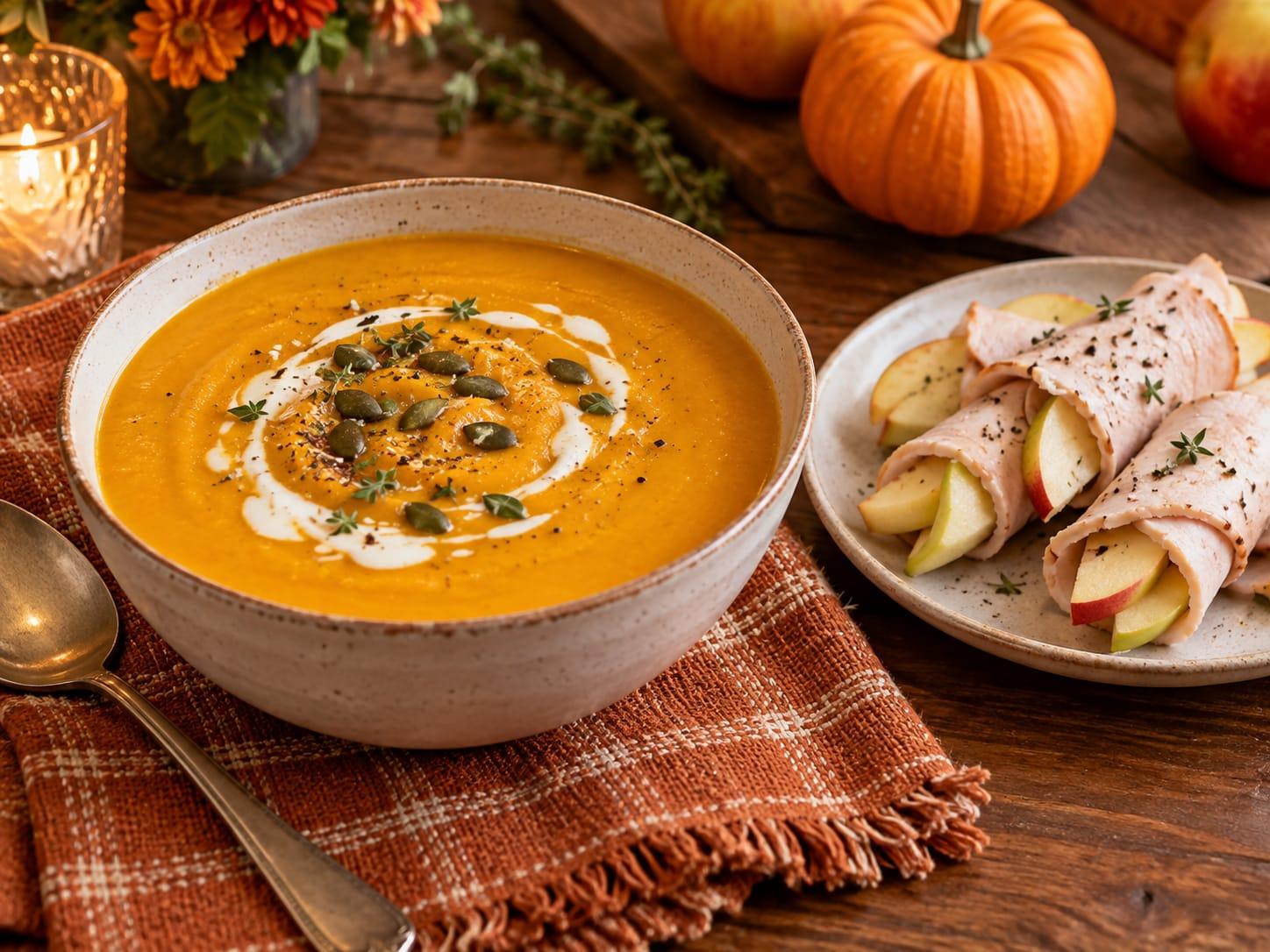 A bowl of butternut squash soup topped with pumpkin seeds, next to a plate of turkey and apple roll-ups