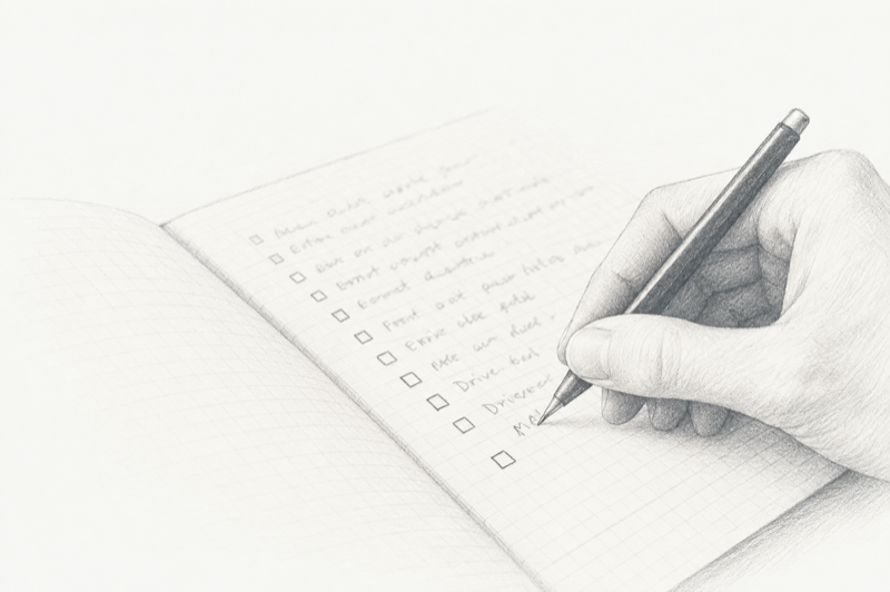 Hand writing a workout checklist in a notebook